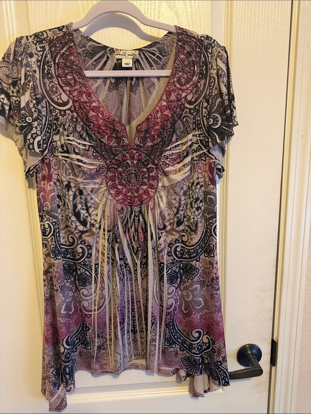 Mystree Purple & Cream Printed V-Neck Medallion Tunic